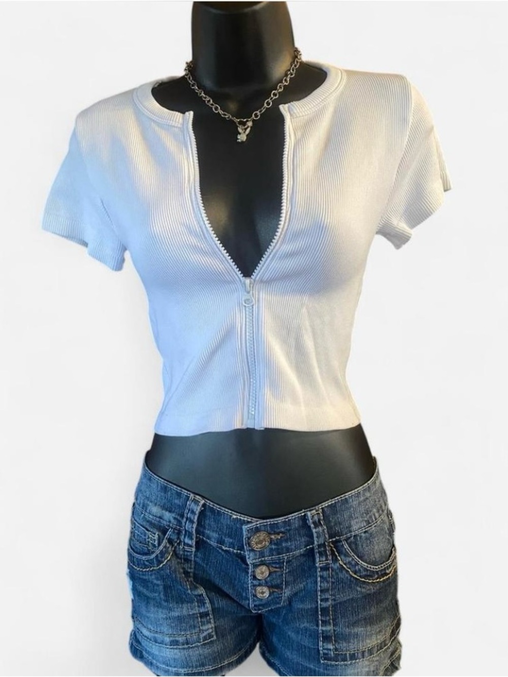 White Ribbed Zip Up Crop Top